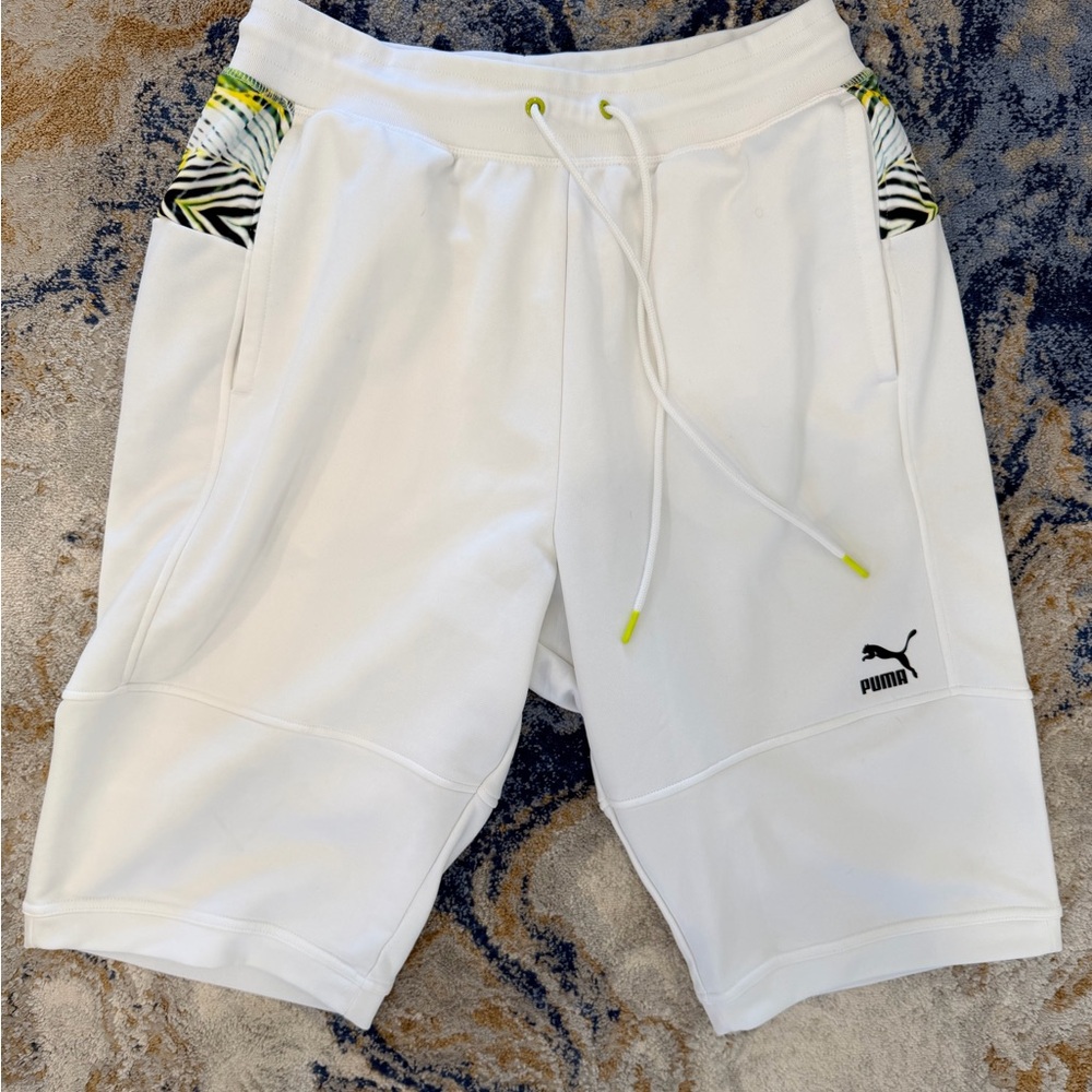 Puma Men’s White Athletic Drawstring Shorts with Neon Accents